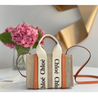 Cheap Price Chloe Mini Woody Tote Bag in Linen Canvas and Calfskin Leather 1120 Orange 2025