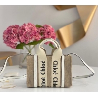 Luxury Discount Chloe Mini Woody Tote Bag in Linen Canvas and Calfskin Leather 1120 White 2025