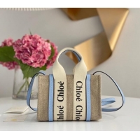 Buy Discount Chloe Mini Woody Tote Bag in Linen Canvas and Calfskin Leather 1120 Light Blue 2025