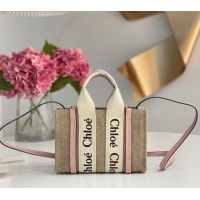 Big Discount Chloe Mini Woody Tote Bag in Linen Canvas and Calfskin Leather 1120 Light Pink 2025