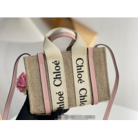 Big Discount Chloe Mini Woody Tote Bag in Linen Canvas and Calfskin Leather 1120 Light Pink 2025