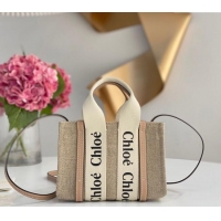 Best Price Chloe Mini Woody Tote Bag in Linen Canvas and Calfskin Leather 1120 Beige 2025