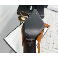 Luxury Cheap Saint Laurent Babylone Breteuil Slingbacks Pump 9cm in Oil Leather Brown 1213007