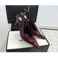 Popular Style Saint Laurent Babylone Breteuil Slingbacks Pump 9cm in Oil Leather Dark Burgundy 1213008