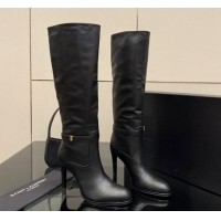 Luxurious Saint Laurent Diane Heel High Boots 10.5cm in Black Calfskin Leather with Logo Strap 1213014