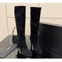 Low Price Saint Laurent Diane Heel High Boots 10.5cm in Suede with Logo Strap Black 1213015