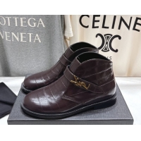 Best Grade Saint Laurent Flat Chelsea Booties in Embossed Leather Dark Brown YSL121303 1213050