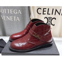 Top Grade Saint Laurent Flat Chelsea Booties in Embossed Leather Red YSL121303 1213052