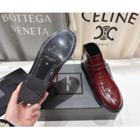 Top Grade Saint Laurent Flat Chelsea Booties in Embossed Leather Red YSL121303 1213052