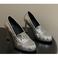 Good Quality Saint Laurent Le Loafer High Heel Pumps 10cm Eel Embossed Leather Silver 1213065