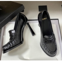 Popular Style Saint Laurent Le Loafer High Heel Pumps 10cm in Oil Leather Black 1213066