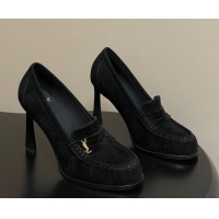 Perfect Saint Laurent Le Loafer High Heel Pumps 10cm in Suede Black 1213068
