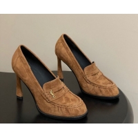 Buy Luxury Saint Laurent Le Loafer High Heel Pumps 10cm in Suede Brown 1213069
