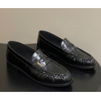 Grade Quality Saint Laurent Le Loafers Penny Slippers in Eel Embossed Leather Black/Gold 1215001