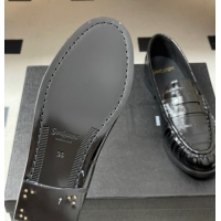 Grade Quality Saint Laurent Le Loafers Penny Slippers in Eel Embossed Leather Black/Gold 1215001