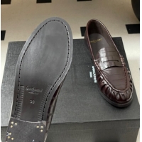 Best Grade Saint Laurent Le Loafers Penny Slippers in Eel Embossed Leather Chocolate Brown 1215002