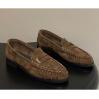 Top Grade Saint Laurent Le Loafers Penny Slippers in Suede Dark Brown 1215012