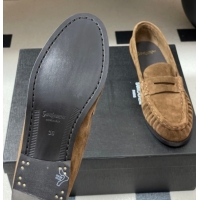 Top Grade Saint Laurent Le Loafers Penny Slippers in Suede Dark Brown 1215012