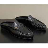 Good Quality Saint Laurent Le Loafer Mules in Eel Embossed Leather Black/Gold 1215016