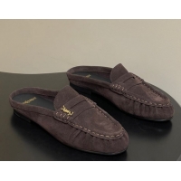 Top Design Saint Laurent Le Loafer Mules in Suede Dark Brown 1215026