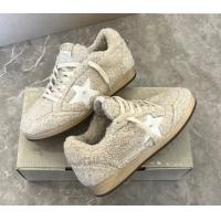 Classic Hot Golden Goose Women’s Ball Star Sneakers in beige shearling wool with white leather star 1031053