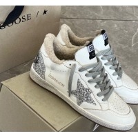 Sophisticated Golden Goose Women’s Ball Star Sneakers in white leather and wool with silver glitter star 51031054
