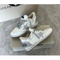Sophisticated Golden Goose Women’s Ball Star Sneakers in white leather and wool with silver glitter star 51031054