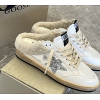 Hot Style Golden Goose Women’s Ball Star Sabots Sneaker in white leather and wool with silver glitter star 51031056
