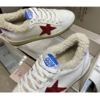 Luxurious Golden Goose Women's Super-Star Sneakers in White Leather and Wool with Red Star GGDB103116 1031076
