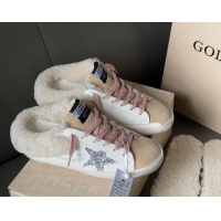 Unique Style Golden Goose Women's Super-Star Sabots Sneaker in White Leather, Beige Suede and Wool GGDB103120 1031080