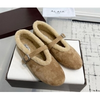 Luxurious Alaia Ballet Flats in Suede and Shearling 2026 AL102901 Camel