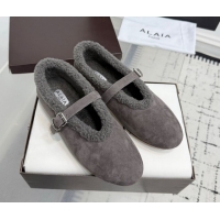 Best Grade Alaia Ballet Flats in Suede and Shearling 2026 AL102901 Dark Grey