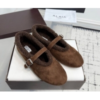Best Product Alaia Ballet Flats in Suede and Shearling 2026 AL102901 Dark Brown