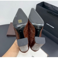 Pretty Style Alaia Pointy Toe Pumps 9cm with Block Heel in Crocodile Embossed Leather Dark Brown 1029107