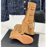 Purchase Alaia Openwork Suede Wedge Ankle Boots 2026 AL102906 Yellow