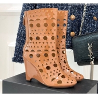 Stylish Alaia Openwork Pendant Leather Wedge Ankle Boots 2026 AL102906 Brown