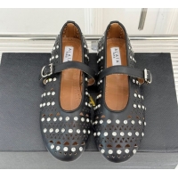 Cheap Price Alaia Ballet Flats in Openwork Leather with Eyelet with Strass Black 2026 AL102910 1029143