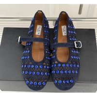 Charming Alaia Ballet Flats in Openwork Suede with Eyelet with Strass Blue 2026 AL102910 1029144