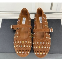 Hot Style Alaia Ballet Flats in Openwork Suede with Eyelet with Strass Camel 2026 AL102910 1029145