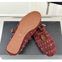 Good Quality Alaia Ballet Flats in Openwork Suede with Eyelet with Strass Dark Brown 2026 AL102910 1029146