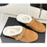 Sumptuous Alaia Suede and Wool Flat Mules with Buckle Light Brown 2026 AL102912 1029155