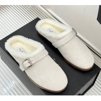 Good Quality Alaia Suede and Wool Flat Mules with Buckle White AL102912 1029156