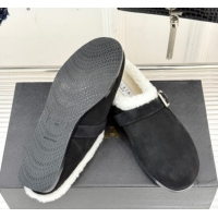 Best Quality Alaia Suede and Wool Flat Mules with Buckle Black AL102912 1029158