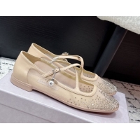 Unique Discount Jimmy Choo Mesh and Strass Mary Janes Ballerinas Flat with Pearl Bow Nude JC121001 1210123