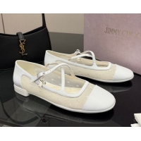 Luxurious Jimmy Choo Mesh and Leather Mary Janes Ballerinas Flat with Pearl Bow White JC121001 1210125