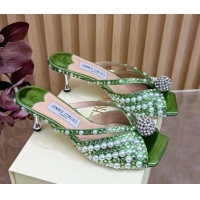 1:1 Jimmy Choo Siva Heel Slides Sandal 6.5cm in Strass and Pearls Green 1210151