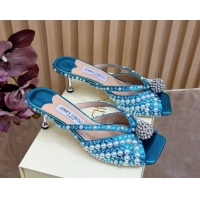 Charming Jimmy Choo Siva Heel Slides Sandal 6.5cm in Strass and Pearls Light Blue 1210155 2026