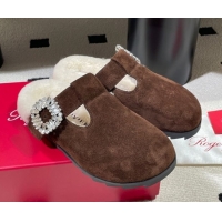 Most Popular Roger Vivier Slidy Viv' Flat Mules in Brown Suede and Wool with Strass Buckle RV121210 2026