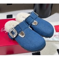Good Quality Roger Vivier Slidy Viv' Flat Mules in Blue Denim and Wool with Strass RV121210 2026