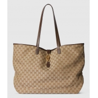 Super Quality Gucci Jackie Large Tote Bag In GG Canvas With Leather Trim ‎867014 Beige/Dark Brown